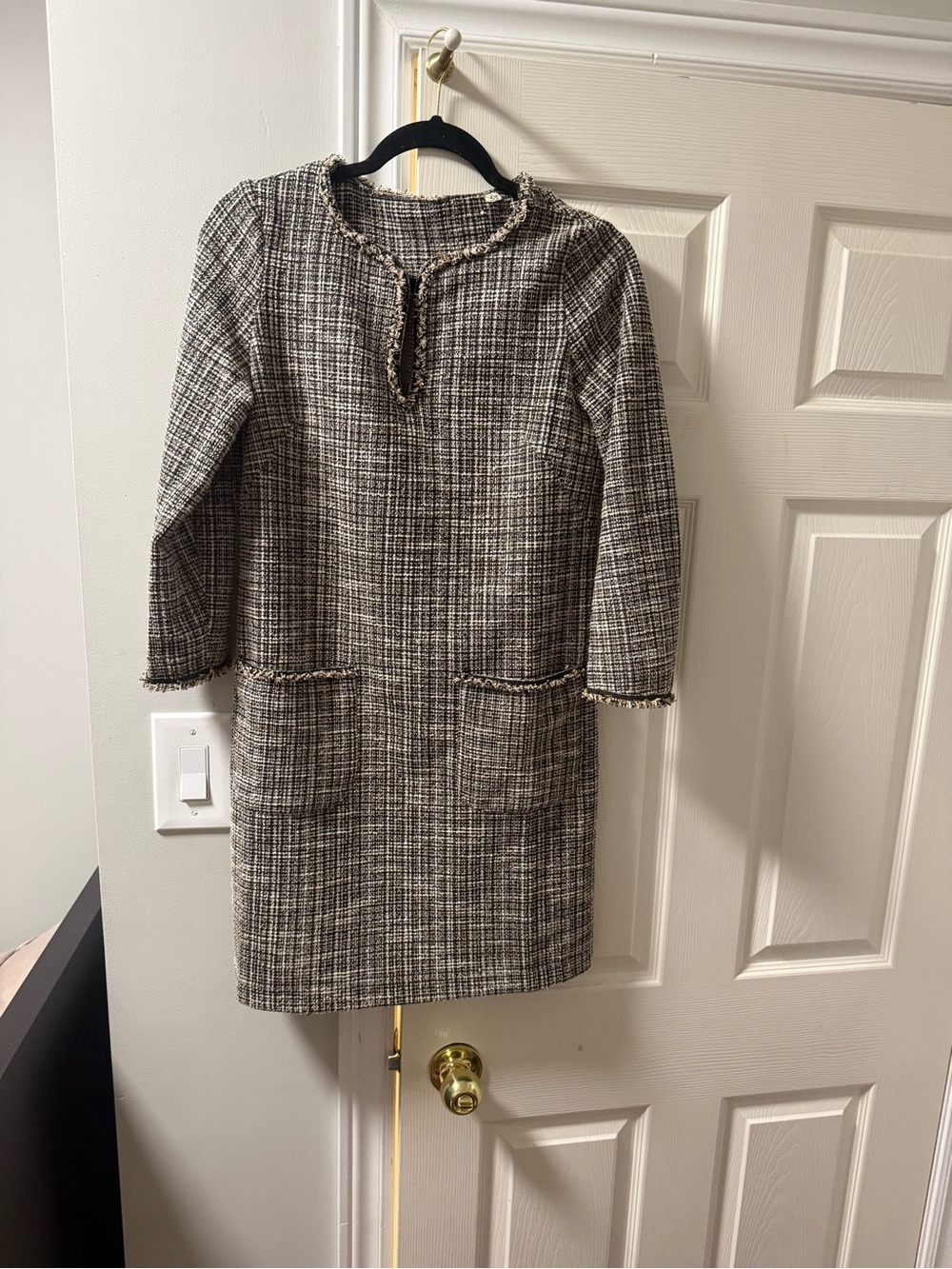 Classic Tweed Shift Dress in Black & Cream
